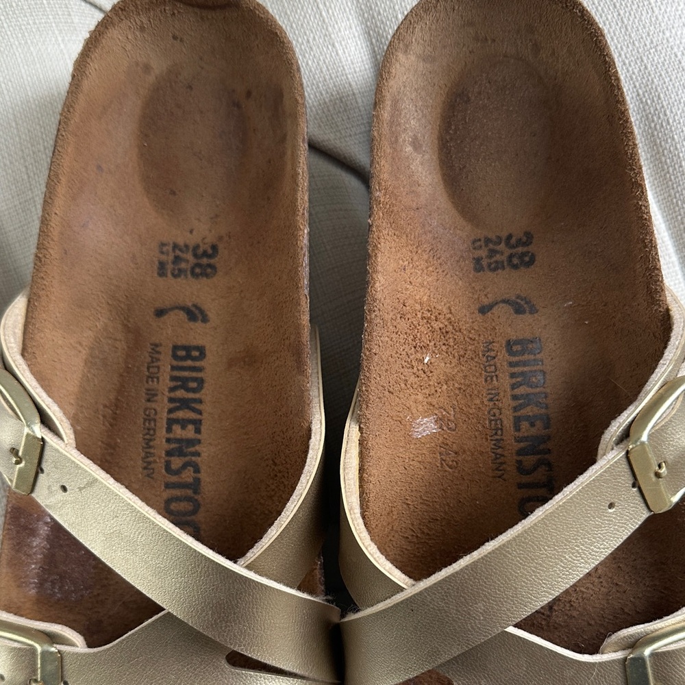 Birkenstock Metallic Gold Cross-Strap Slide Sandals - Picture 2 of 6